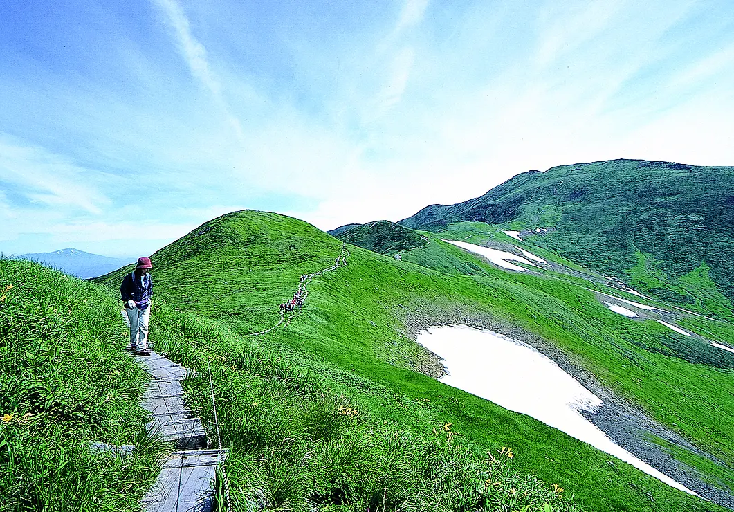 稜線沿いにつづく木道の登山道