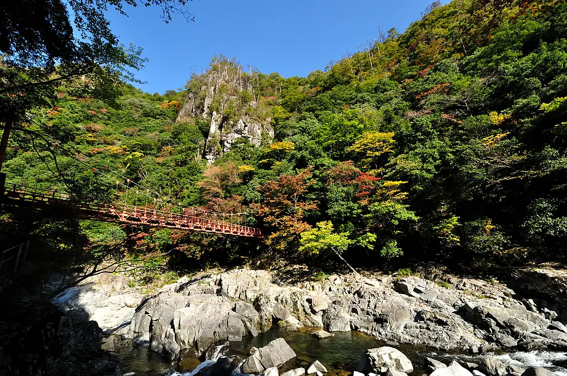 紅葉の山々のなか、赤い橋が架かっている