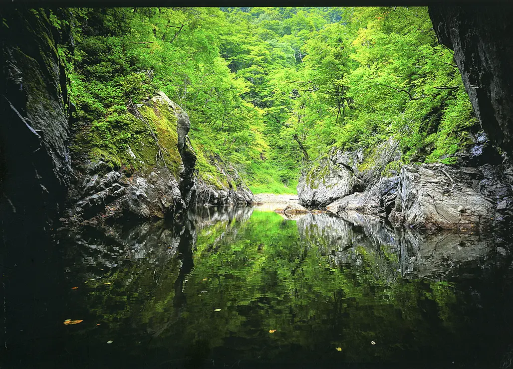 両側を断崖に挟まれた溪谷