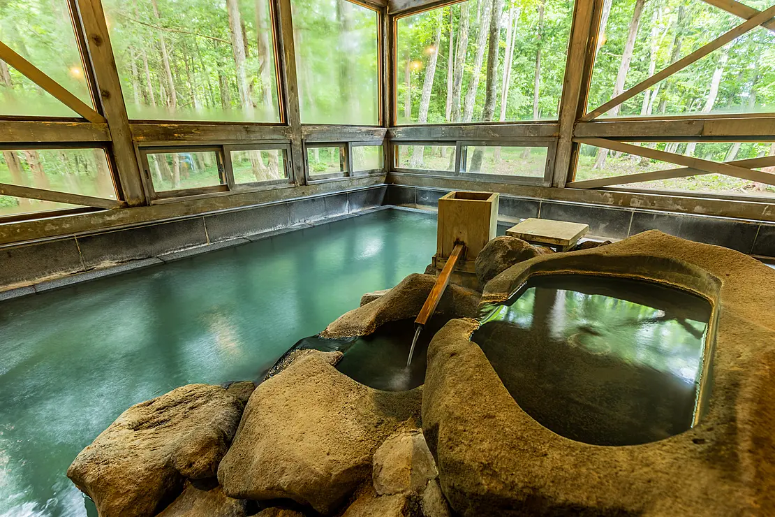 窓から森が見える温泉