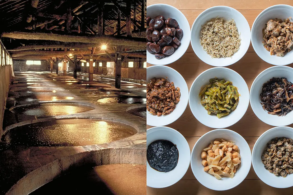 醤油が製造されている樽とおいしそうな佃煮の数々