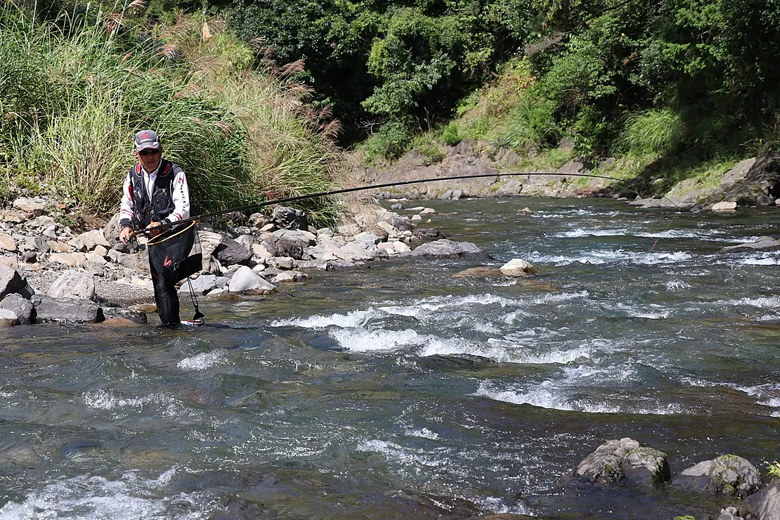 清流でアユ釣りをする男性