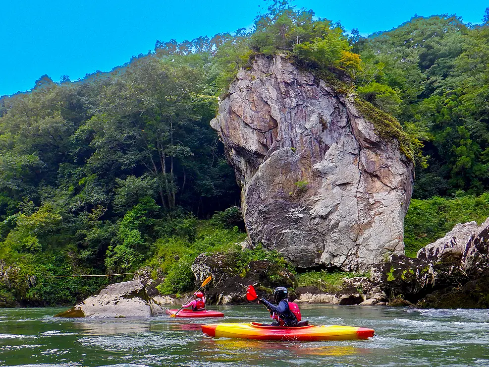 緑豊かな山々に囲まれた由良川で、カヤックを楽しむ2組の人々