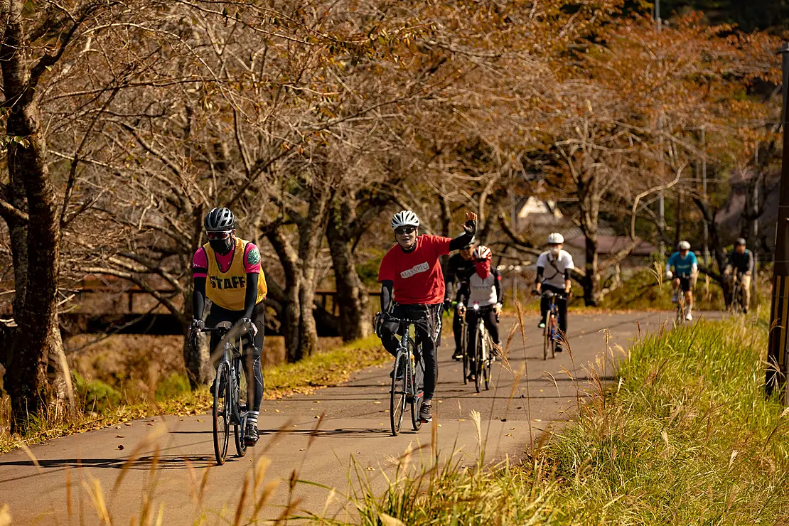 田園地帯をサイクリングする人たち