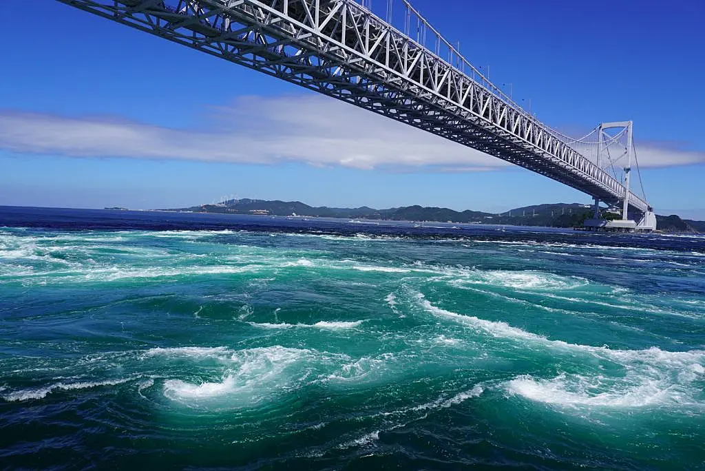 鳴門の渦潮の上に大鳴門橋が架かっている