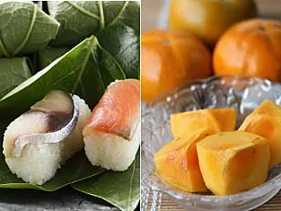 柿の葉に包まれた寿司／透明な器に盛られているカットされた柿