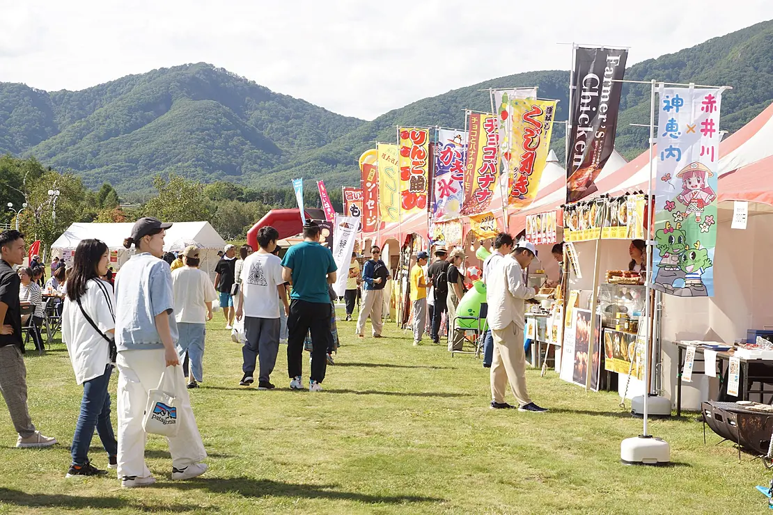 芝生の講演に出店が出展しているお祭り