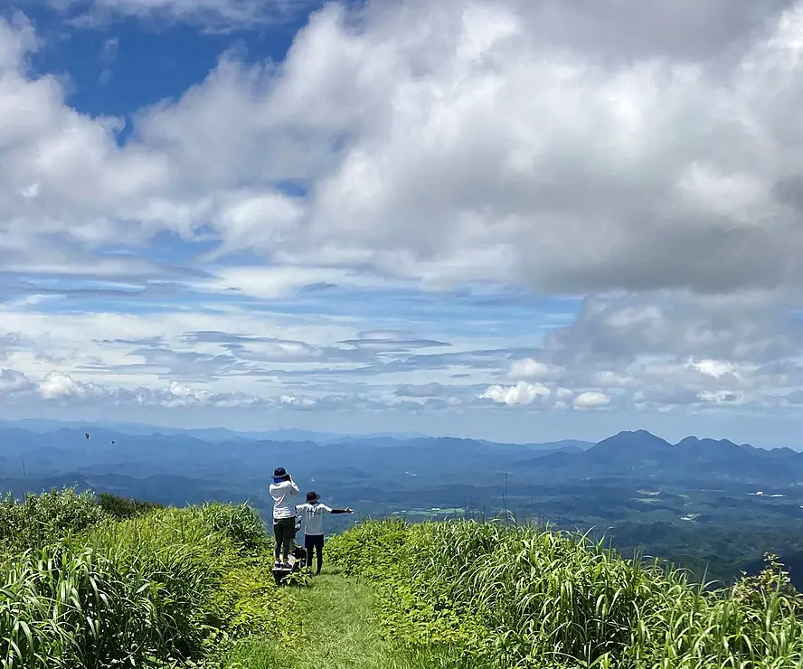山頂からの景色を見る人たち