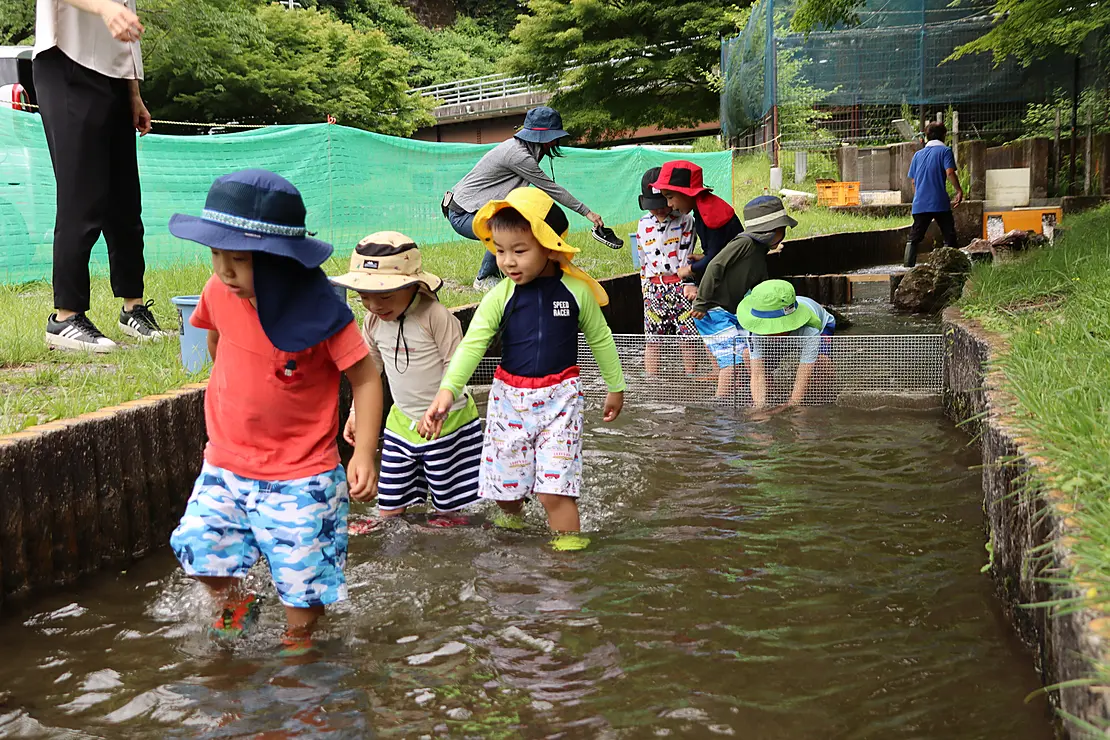 花背リゾートで魚つかみを楽しむ子どもたち