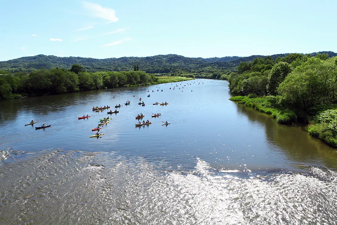 川でカヌーを漕ぐ人々