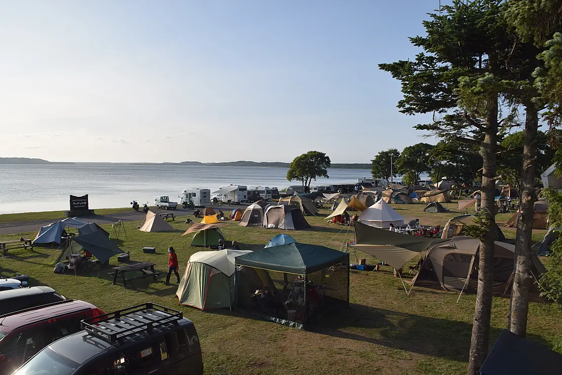 湖畔にあるキャンプ場の芝生にならぶテント