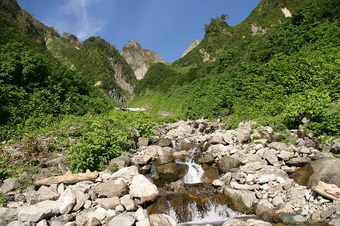 雨飾山と雪渓が残る沢