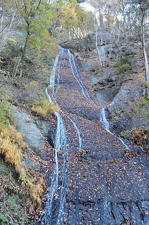 紅葉の中流れる滝