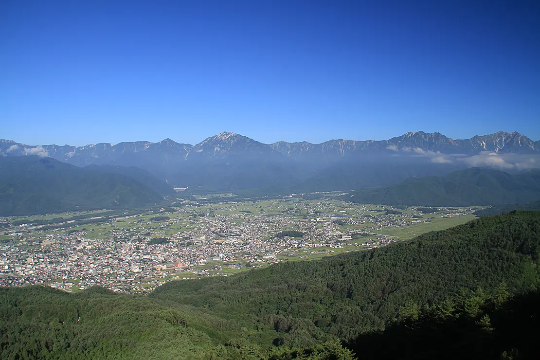 北アルプスの展望と眼下に広がる市街地