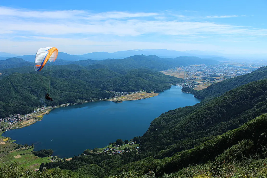 湖の上を飛ぶパラグライダー