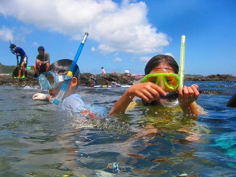 スノーケリングで魚を捕まえる子どもたち