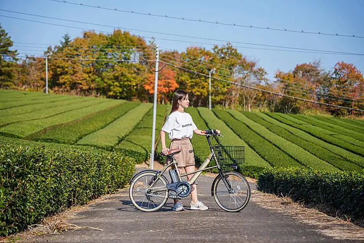 茶畑を背景に自転車の横に立つ人