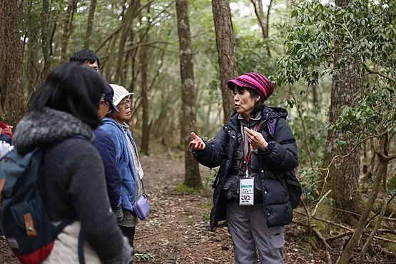 森の中をガイドする女性