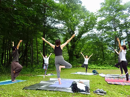 芝生の上で行うヨガ