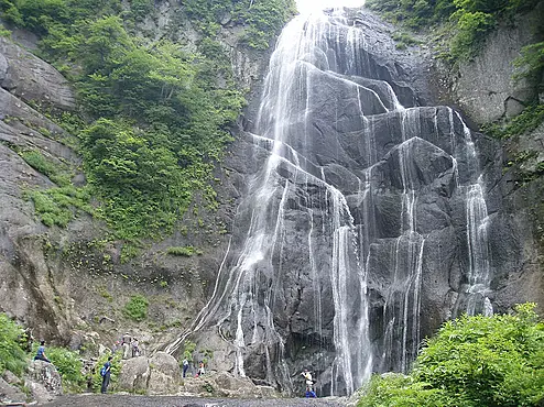 大きな滝の下を歩く人たち