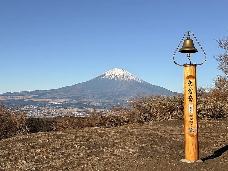 山頂から雪をかぶった富士山を眺める