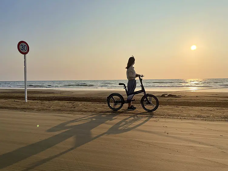 夕日に照らされる海岸線と自転車