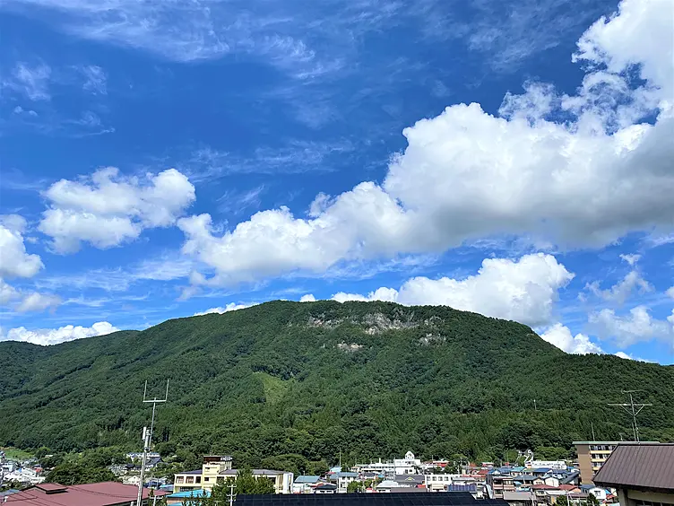 市街地の奥に見える山