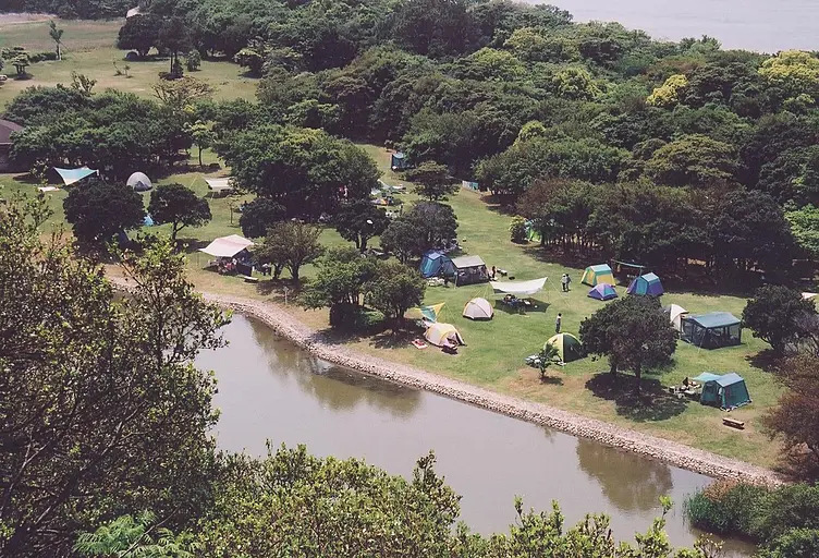 須ノ川公園内の海岸沿いにあるキャンプ場に色とりどりのテントがたっている。