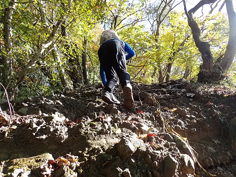 ロープが張られた岩場を登る