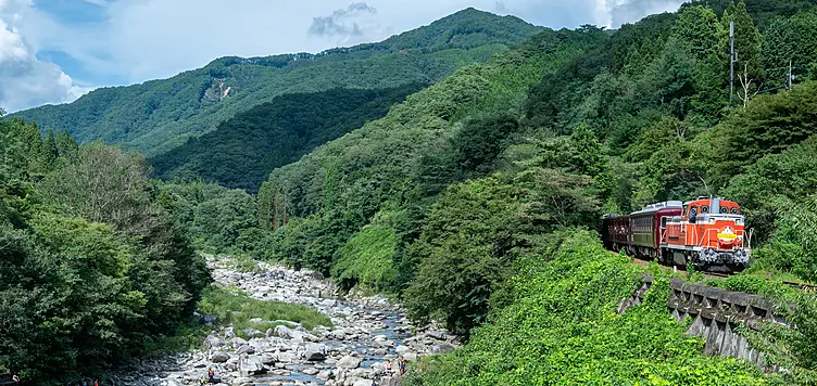 渓谷の中を走る赤い列車