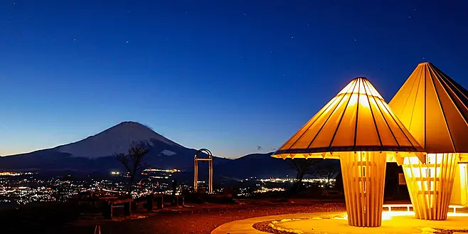 キノコのようなモニュメントと夜の富士山