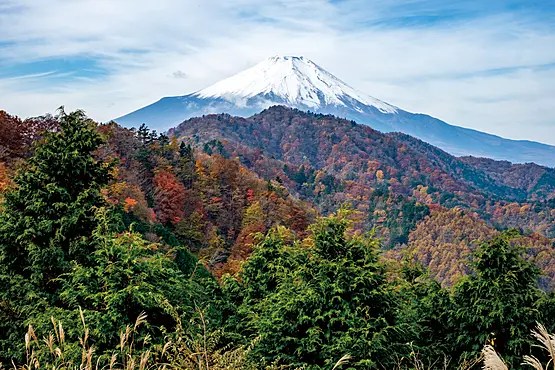 紅葉した山の向こうに富士山が見える