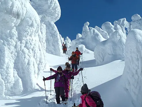 樹氷の間をトレッキング