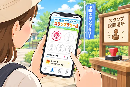 スマートフォンでスタンプラリーを楽しむ女性